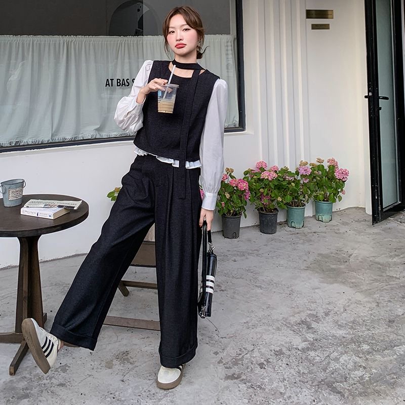 法式设计感一整套假两件上衣套装长裤女春秋新款高腰阔腿裤两件套