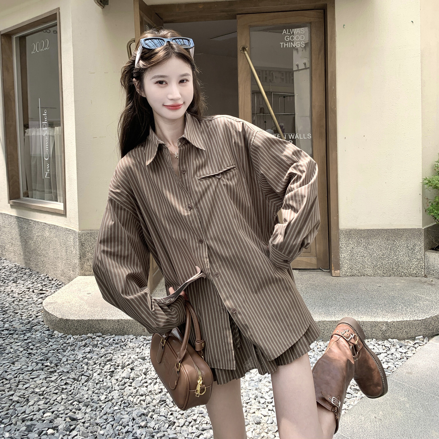 复古条纹长袖衬衫百褶短裙套装女
