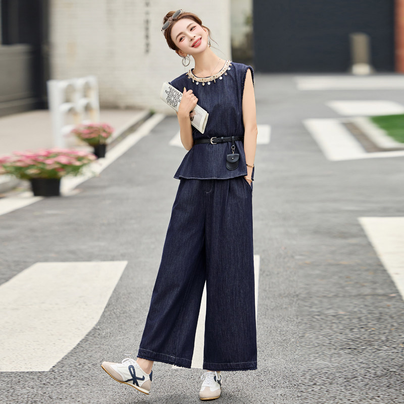 薄款牛仔无袖收腰马甲背心阔腿裤套装穿搭一整套高级感洋气减龄