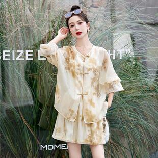 新中式印花雪纺凉快短裤套装夏季新款遮肚子漂亮时尚防晒衫两件套