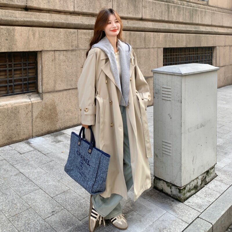 韩版宽松可拆卸帽子风衣女