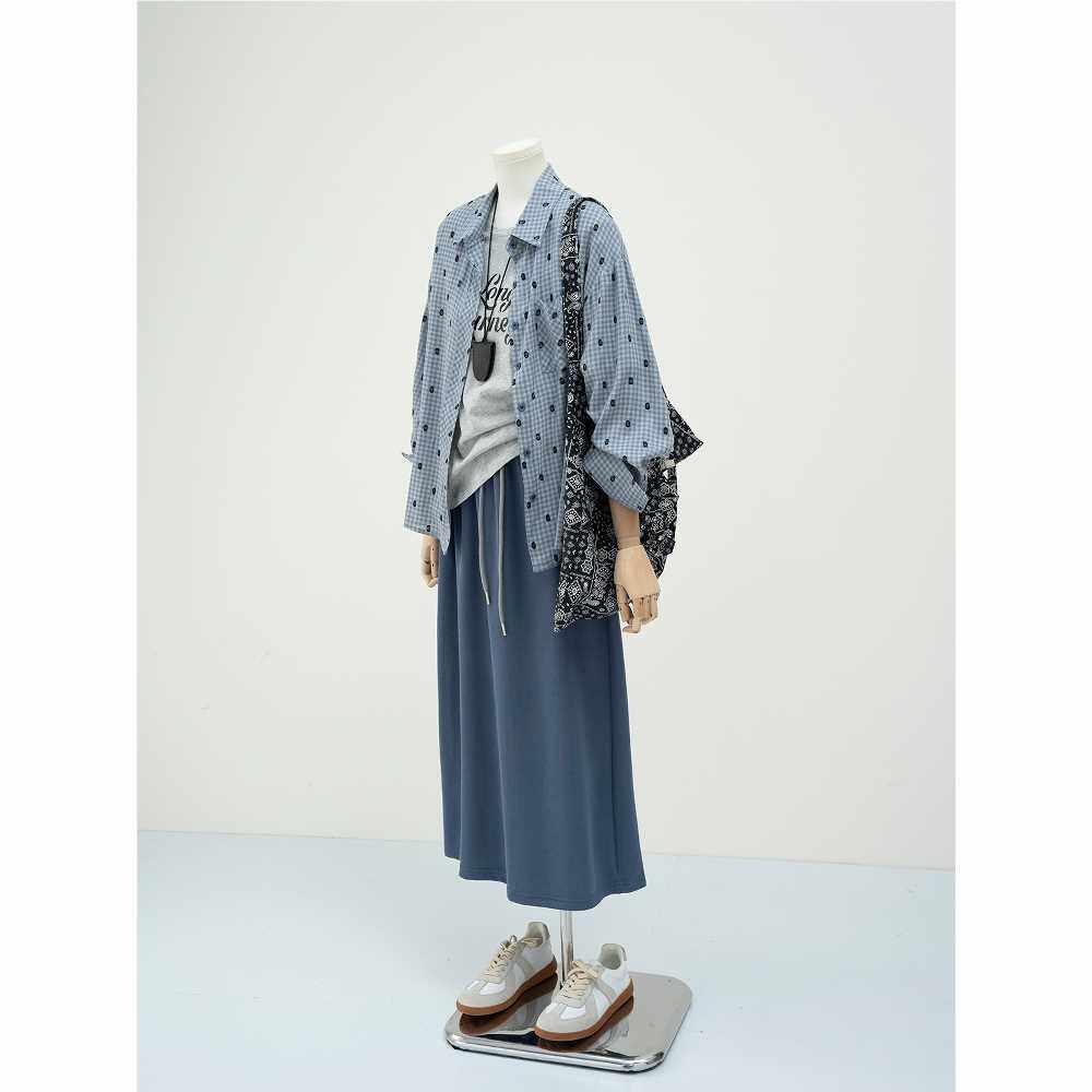 韩系慵懒风蓝色格子衬衫灰色印花T恤半身裙三件套女2025春夏新款