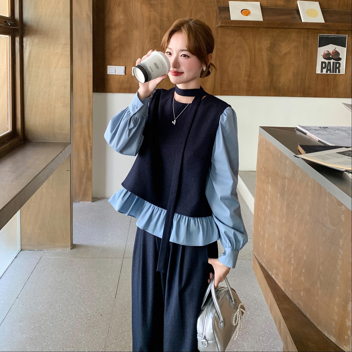 假两件打底上衣阔腿长裤套装女