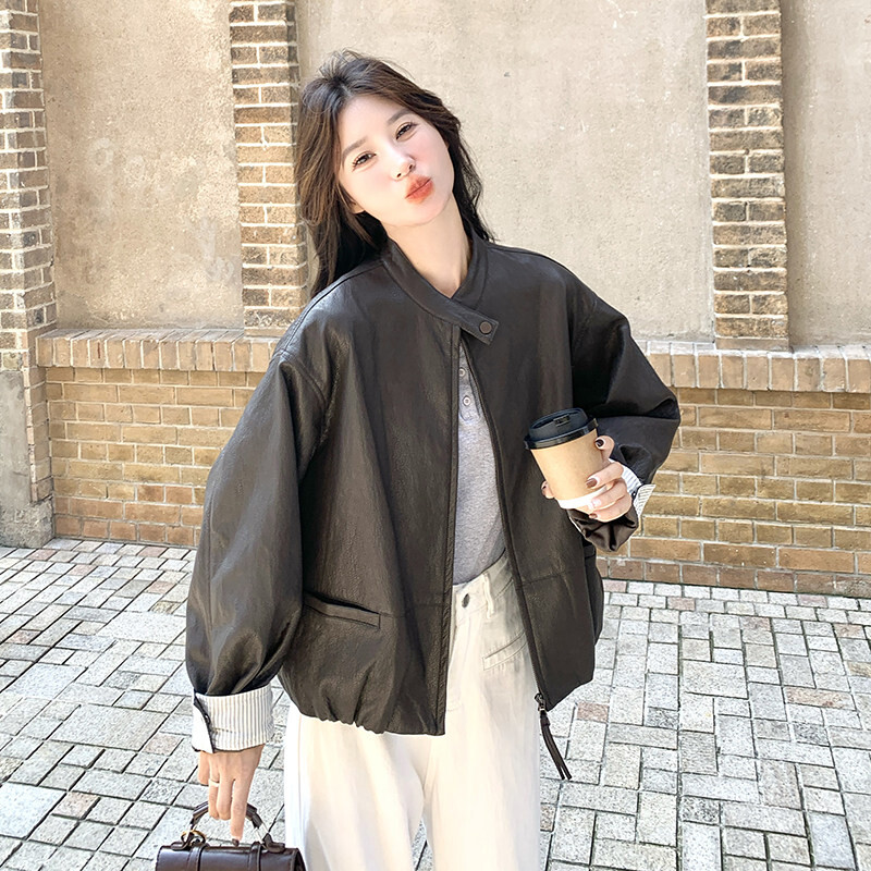 撞色条纹短款皮衣夹克外套女