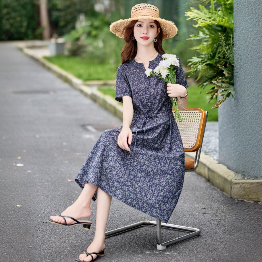 复古文艺气质休闲短袖碎花连衣裙女夏季新款宽松遮肚显瘦V领裙子