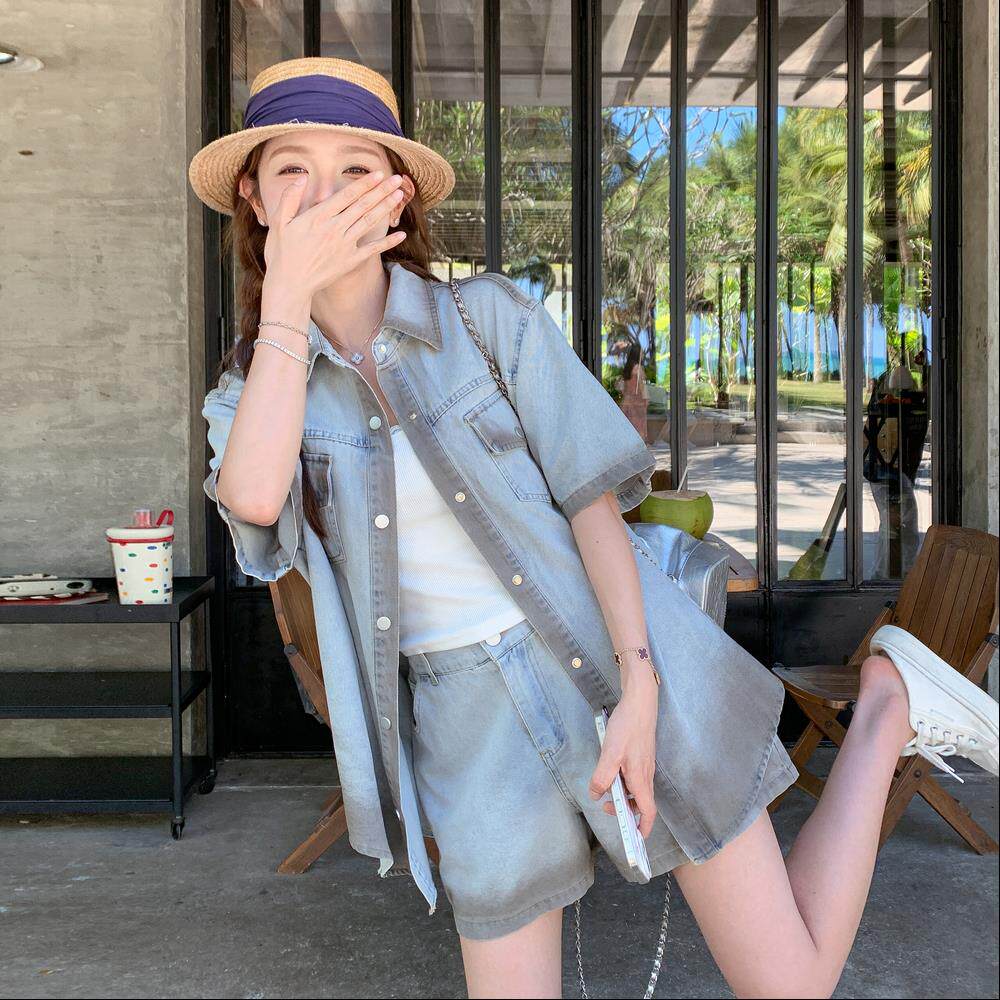 韩版休闲薄款牛仔外套短裤两件套女夏复古设计感时尚宽松衬衫套装
