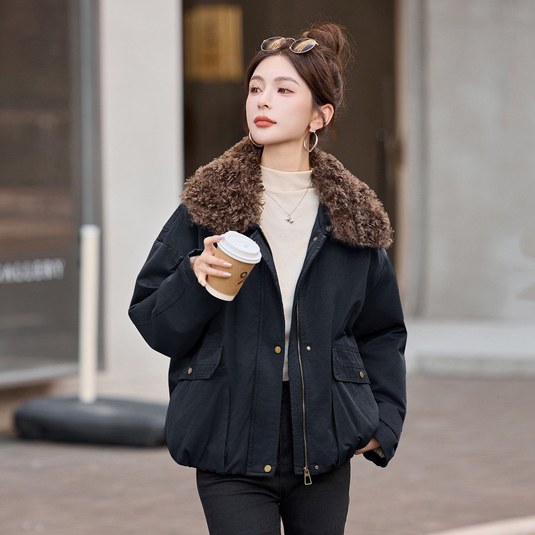 休闲运动羊羔毛加绒加厚派克棉服女冬新款短款保暖棉衣棉袄外套