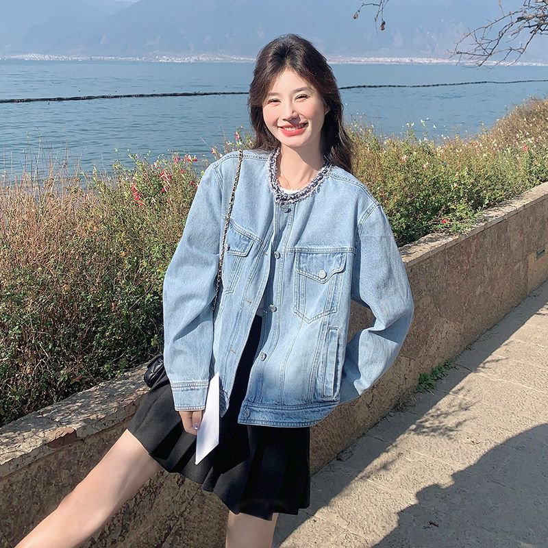 蓝色设计感休闲毛边圆领牛仔外套女春秋装小个子时尚百搭夹克上衣