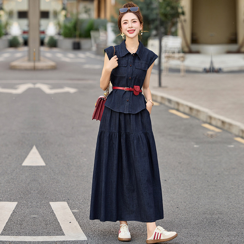 高级感穿搭一整套牛仔裙套装夏时尚收腰无袖衬衫搭配半身裙两件套