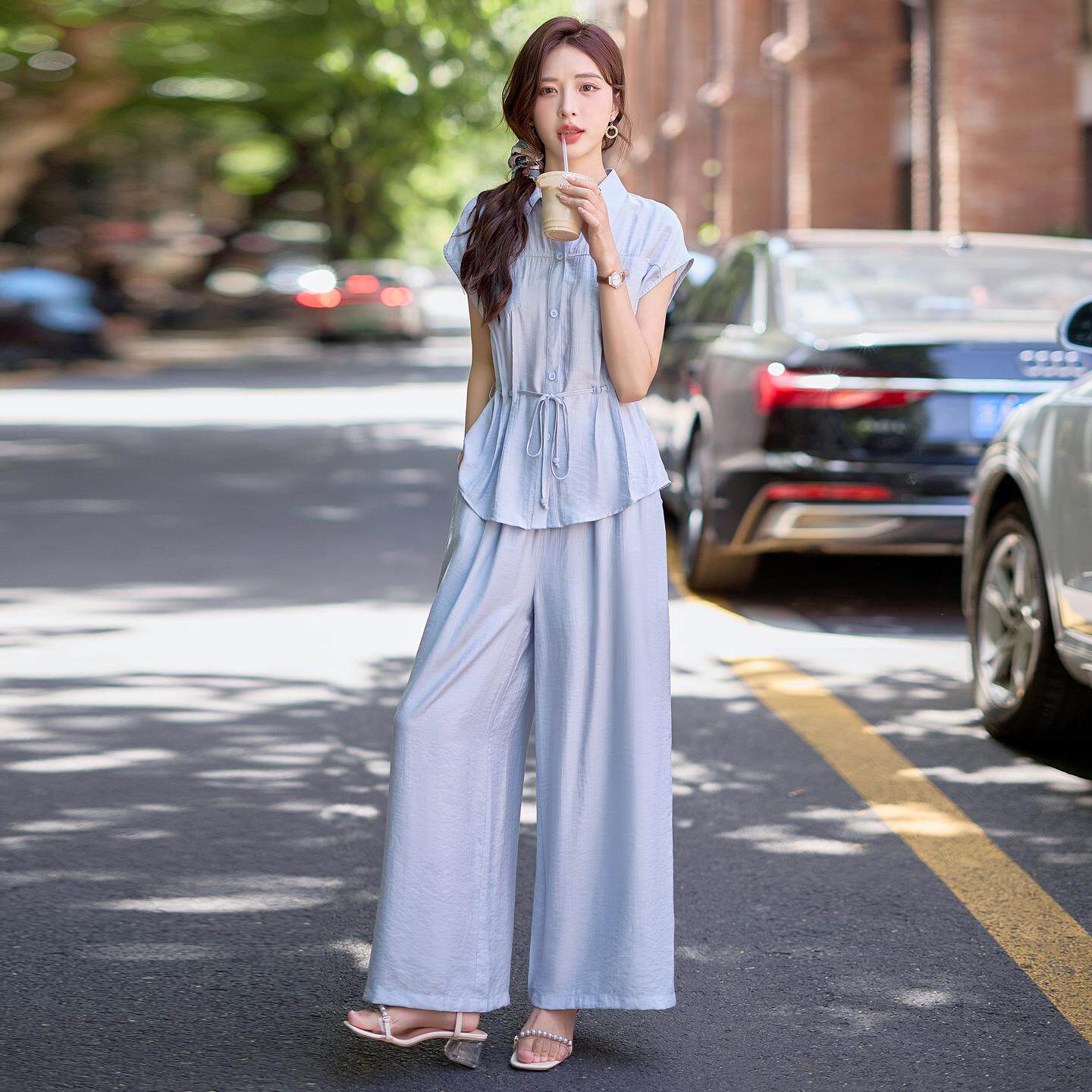 轻职风收腰无袖衬衫套装夏气质穿搭一整套高级感减龄阔腿裤两件套