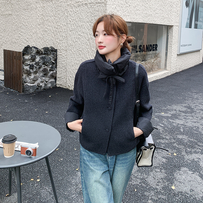 高级感撞色拼接毛呢外套女冬季新款娃娃领小个子短款双面呢子大衣