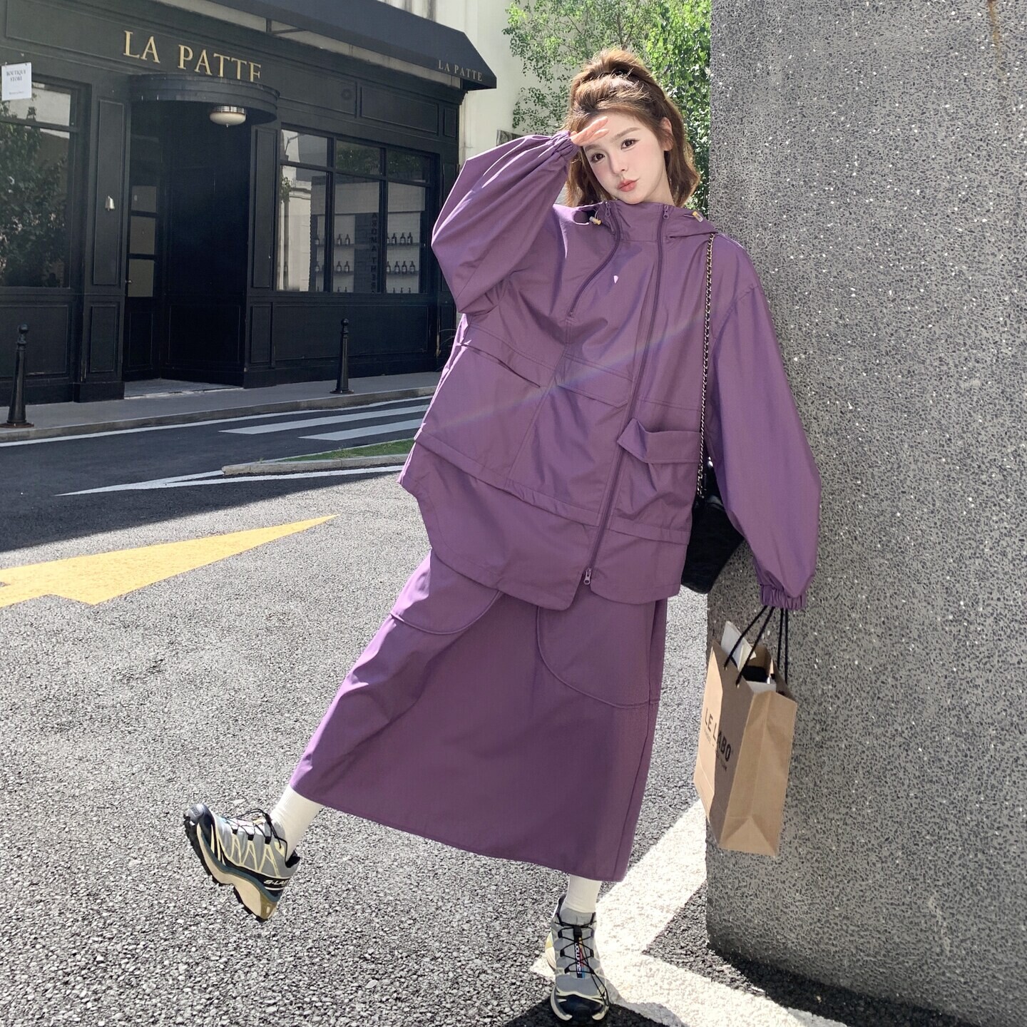 韩系不规则紫色冲锋衣半身裙