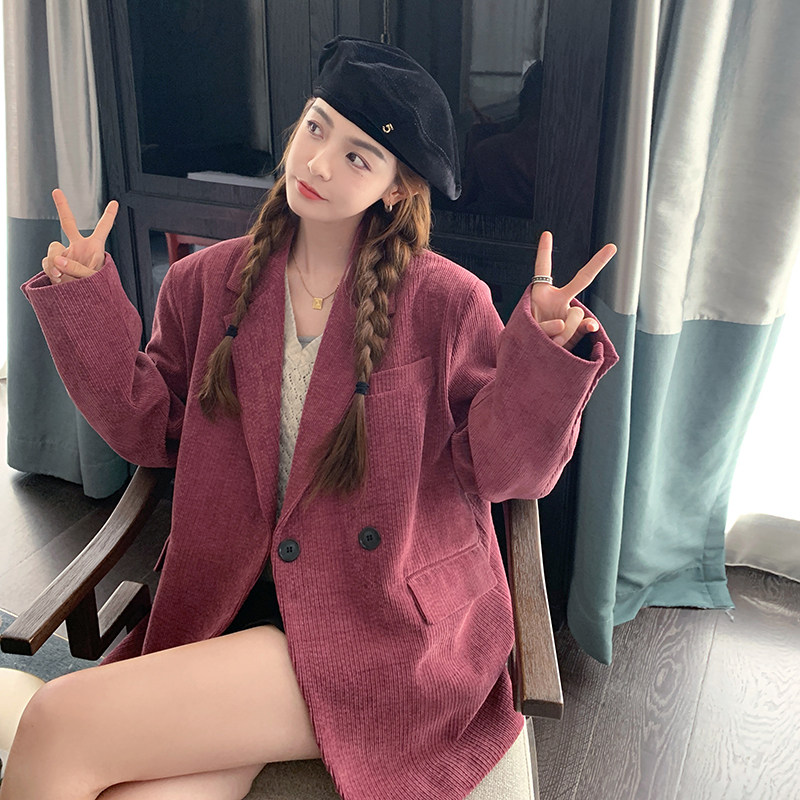 树莓色灯芯绒西装外套女春秋季英伦风休闲气质chic正肩条绒小西服