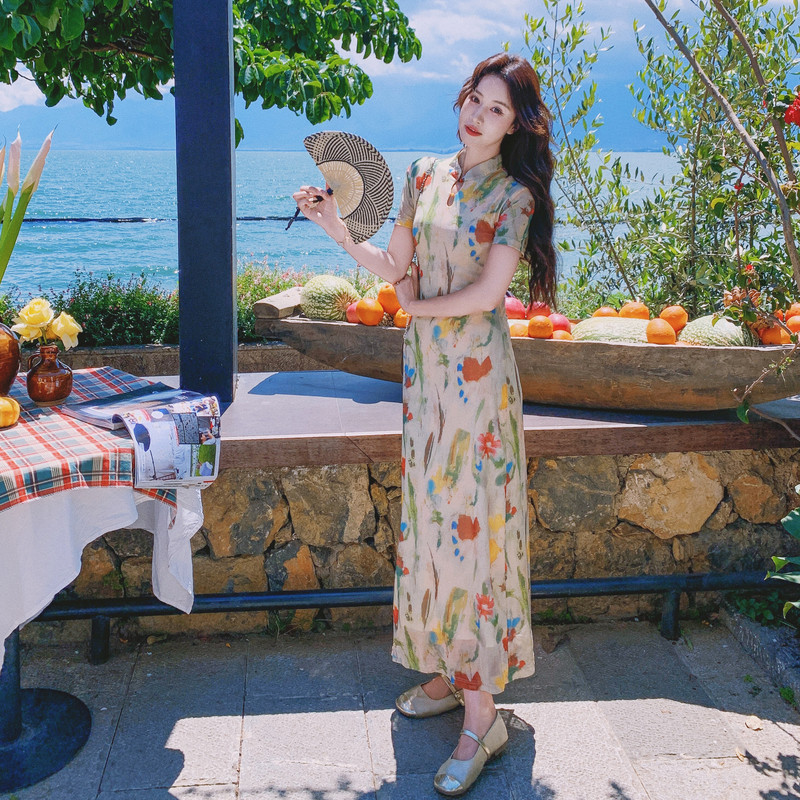 油画印花针织网布连衣裙女