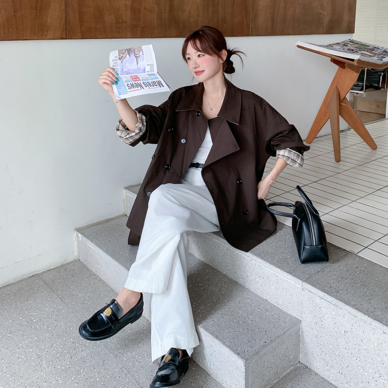 咖色复古格纹撞色双排扣风衣外套女春秋2026新款韩系收腰显瘦大衣