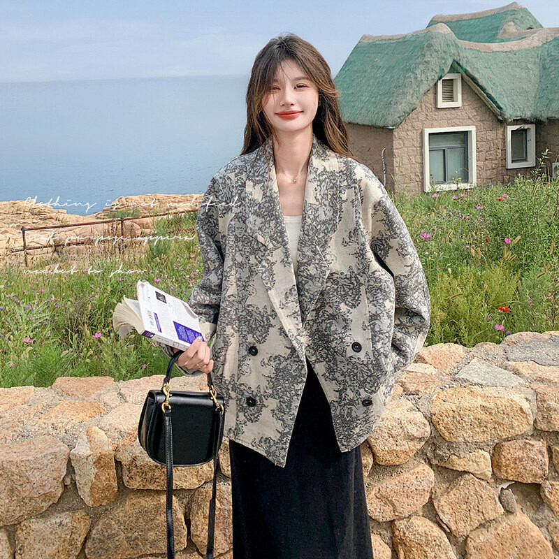 新中式水墨画印花气质西服女