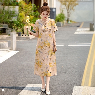新中式盘扣印花连衣裙女夏新款宽松微胖显瘦遮肚子洋气休闲中长裙
