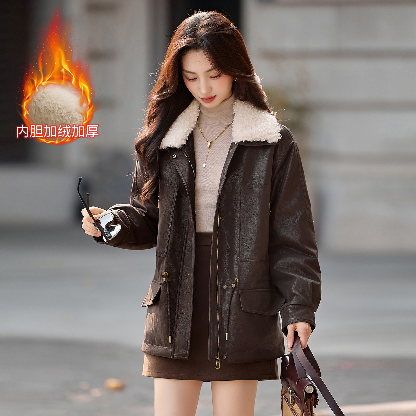 休闲羊羔毛领皮衣女中长款冬季新款宽松显瘦百搭加绒保暖PU皮外套