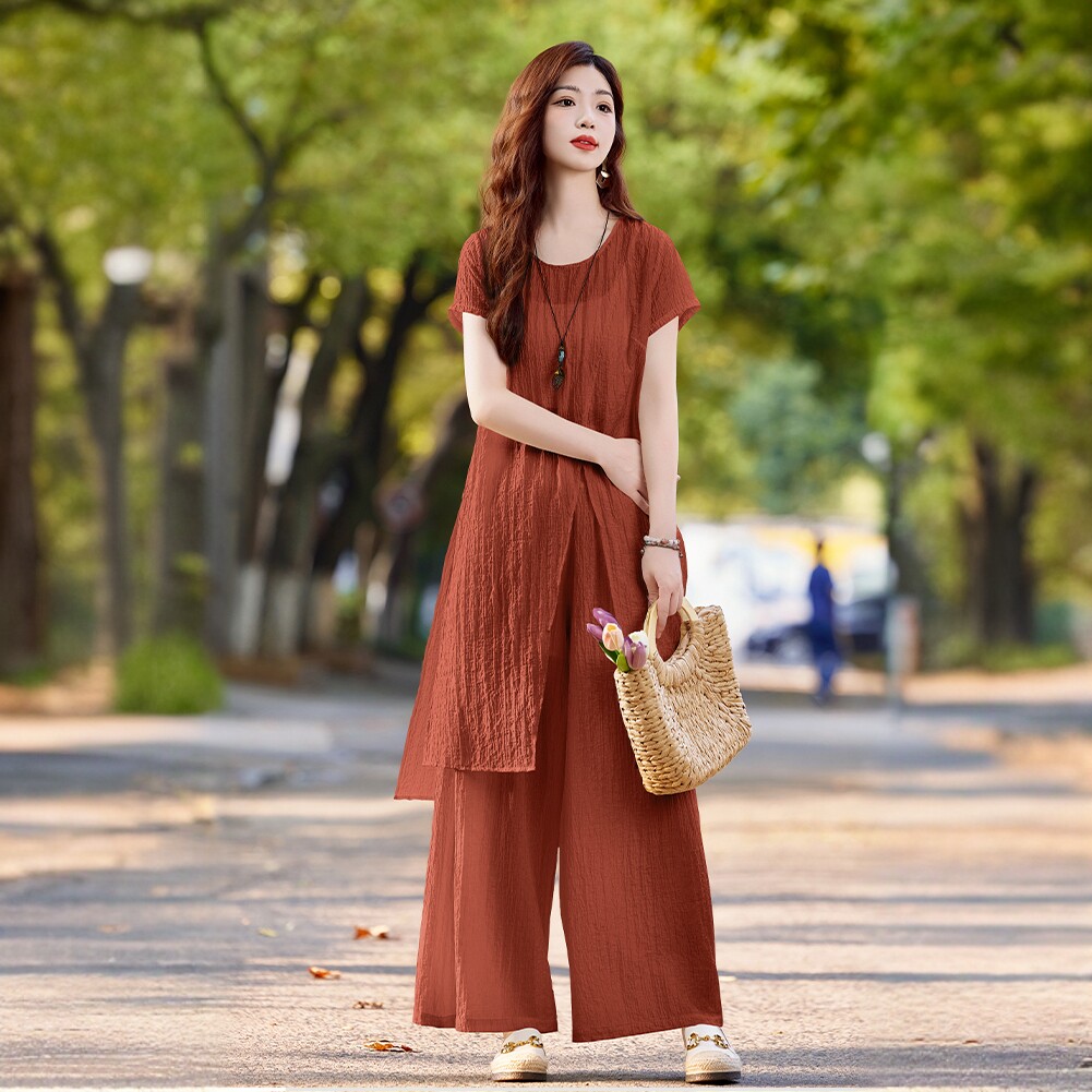 小众设计感休闲时尚开叉上衣套装女夏装气质显瘦长衫阔腿裤三件套