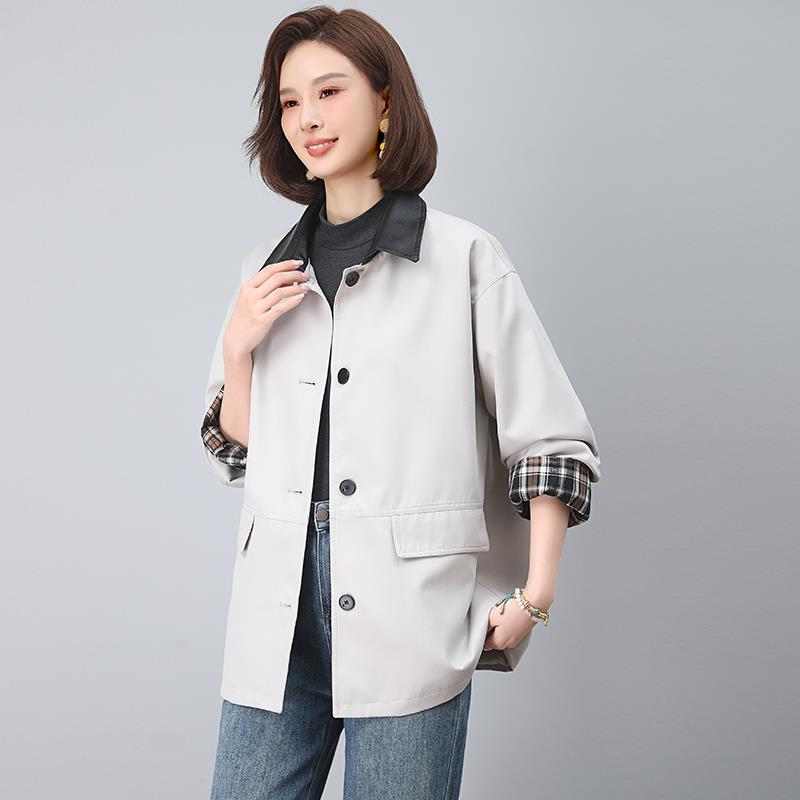 韩系撞色格纹外套女春秋休闲宽松小个子百搭中长款PU皮翻领风衣潮