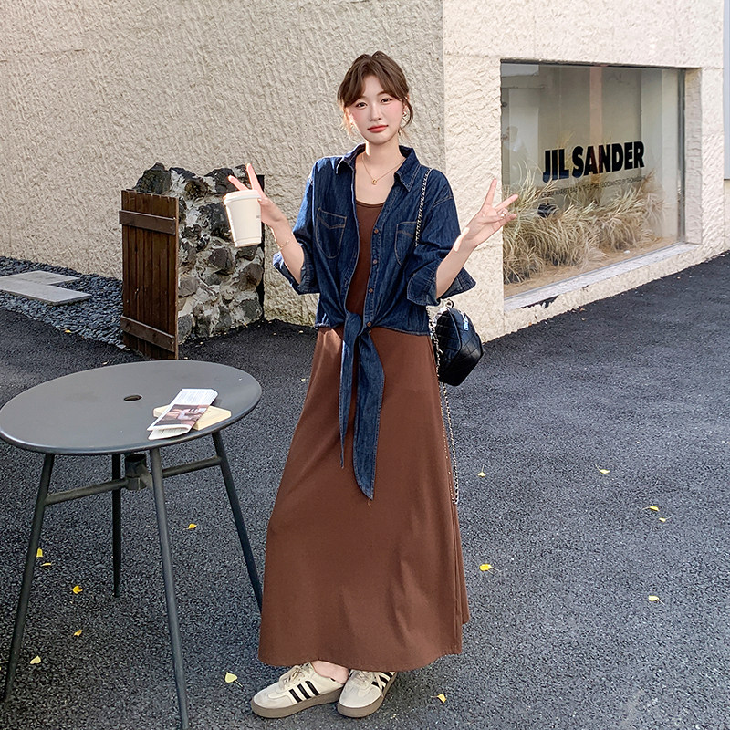 法式复古港风牛仔衬衫背心裙两件套女春秋新款松弛感宽松显瘦长裙
