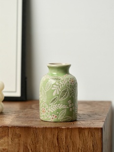 出法国手绘浮雕小花瓶艺术摆件3.5cm*9cm田园轻奢可水培@4-2@