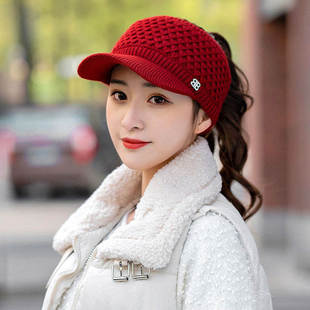 韩版 保暖毛绒帽子冬天针织毛线帽 空顶鸭舌帽女跑步运动加绒秋冬季