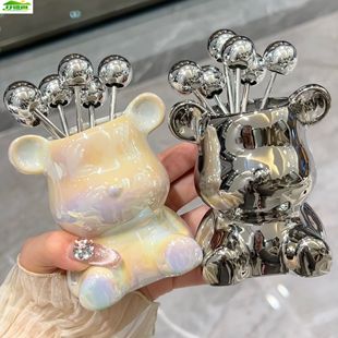 甜品水果叉子家用轻奢不锈钢高级感蛋糕叉可爱水果签小叉子收纳罐