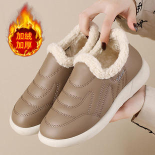 软底舒适皮面防水老人鞋 一脚蹬妈妈鞋 女冬加绒保暖女鞋 老北京棉鞋