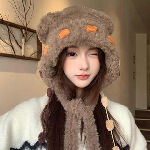 可爱加厚毛绒小熊耳朵毛线帽子女款 围巾一体保暖毛茸茸冬天 秋冬季