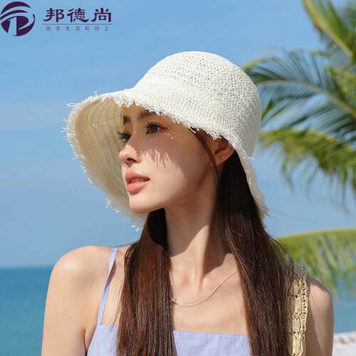 夏季遮阳帽子女户外出游海边度假防晒太阳帽休闲时尚流苏大檐草帽
