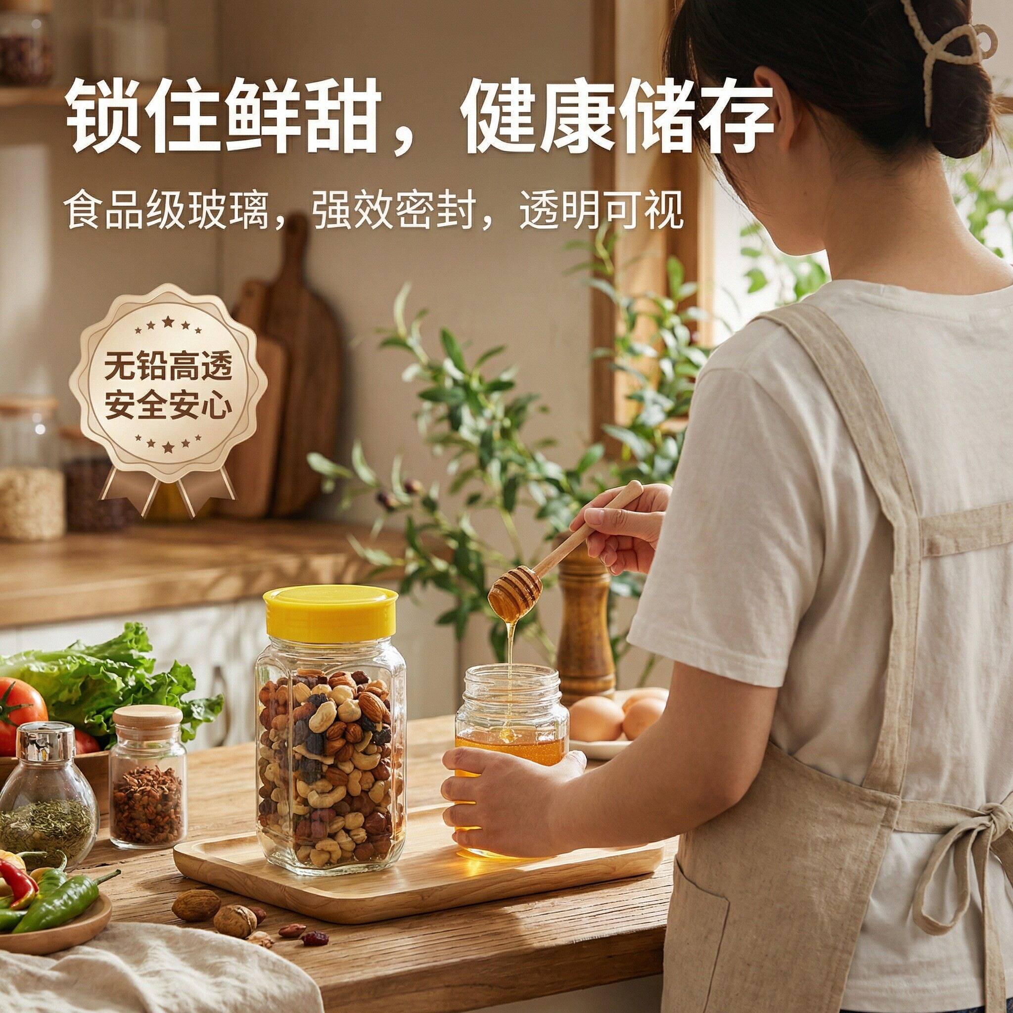 食用级玻璃密封罐装辣椒油的草莓酱牛肉酱咖啡豆八角带盖蜂蜜瓶