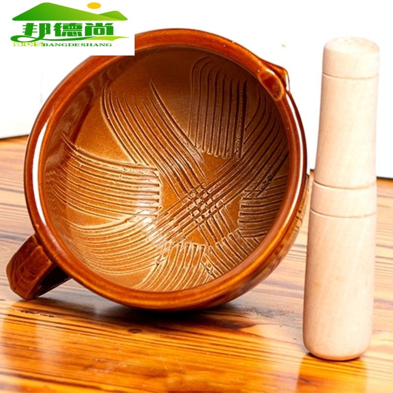 湘菜馆老式擂钵带木槌器家用中号捣蒜器陶瓷蒜蓉擂辣椒皮蛋雷研磨