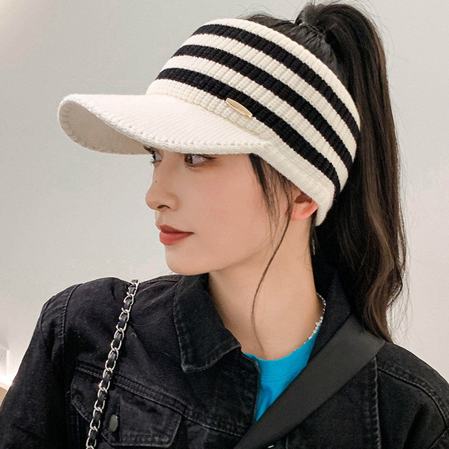 帽子女秋冬新款鸭舌帽保暖加厚条纹针织毛线帽空顶可扎马尾棒球帽,居家日用,头部防护用品,淘宝优惠券,粉丝福利购,淘宝优惠卷