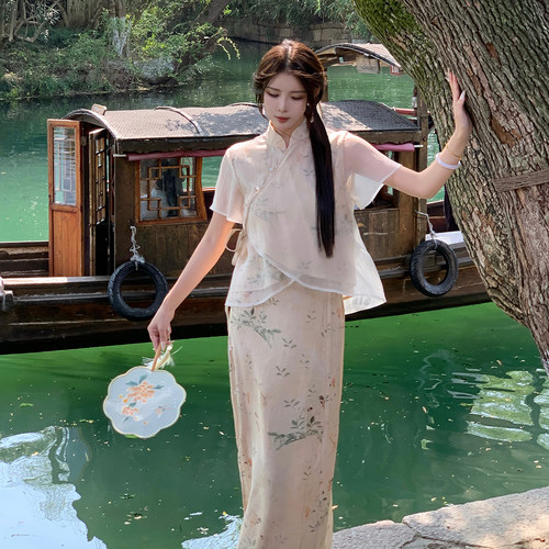 [THEPINKPO|青影]闲情画意 新中式印花斜襟短袖小衫半身裙套装
