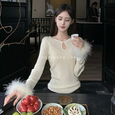 [THEPINKPO|青影]信手拈来 新中式羊毛混纺驼鸟毛袖口针织打底
