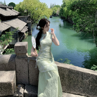 [THEPINKPO|青影]竹影清韵 新中式刺绣面料假两件不规则连衣裙