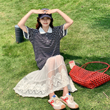 A字裙拼接夏季条纹圆领连衣裙见外包装荡领长裙，女装连衣裙，浙宝271