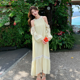 黄色海边度假连衣裙女2025夏季新款法式温柔风气质超好看露肩长裙，女装连衣裙，浙宝271