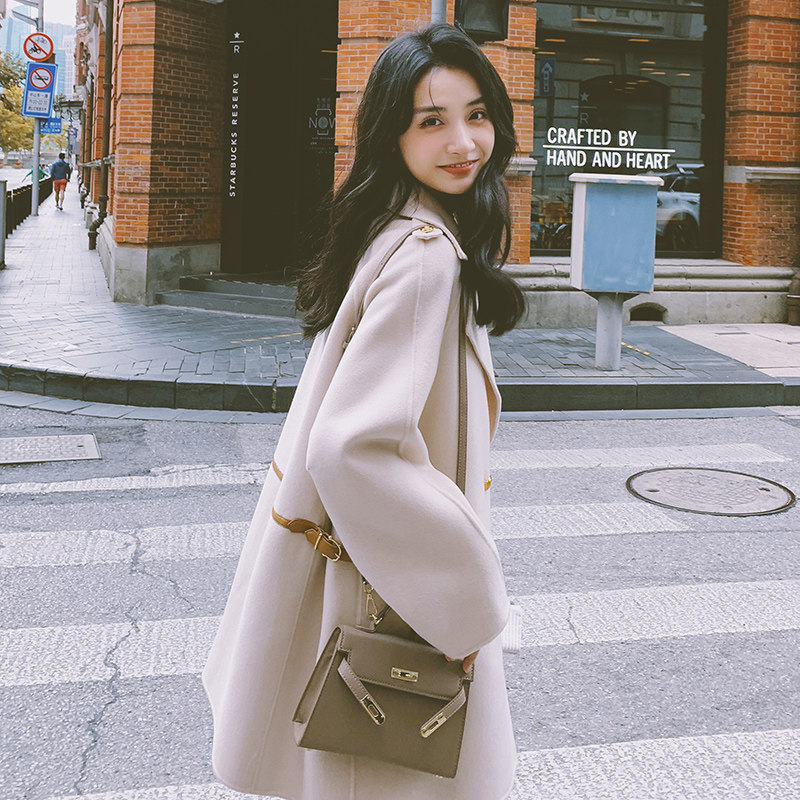 现货小个子皮扣拼接双排扣毛呢大衣271-7520-P185控268,女装毛呢外套,浙宝271