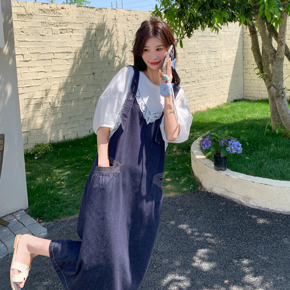 日系减龄学院风流行套装裙女2025夏季短袖T恤蕾丝拼接背带裙套装,女装连衣裙,浙宝271