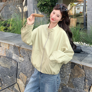 黄色立领皮衣外套女2025春季新款今年流行小个子宽松休闲机车夹克图片