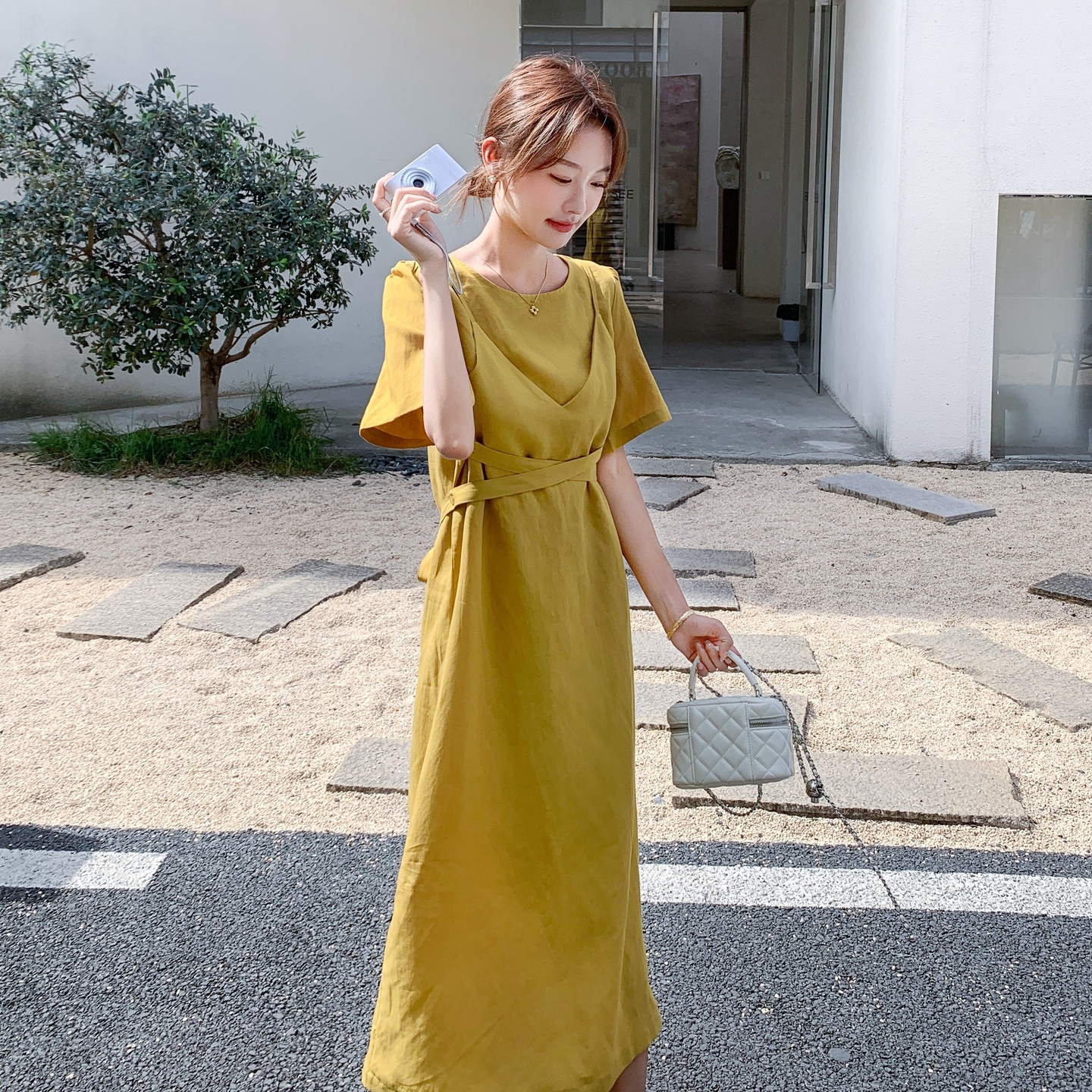 黄色设计感拼接连衣裙女2025夏季新款法式温柔风气质高腰显瘦长裙，商品下架区商品下架区，浙宝271