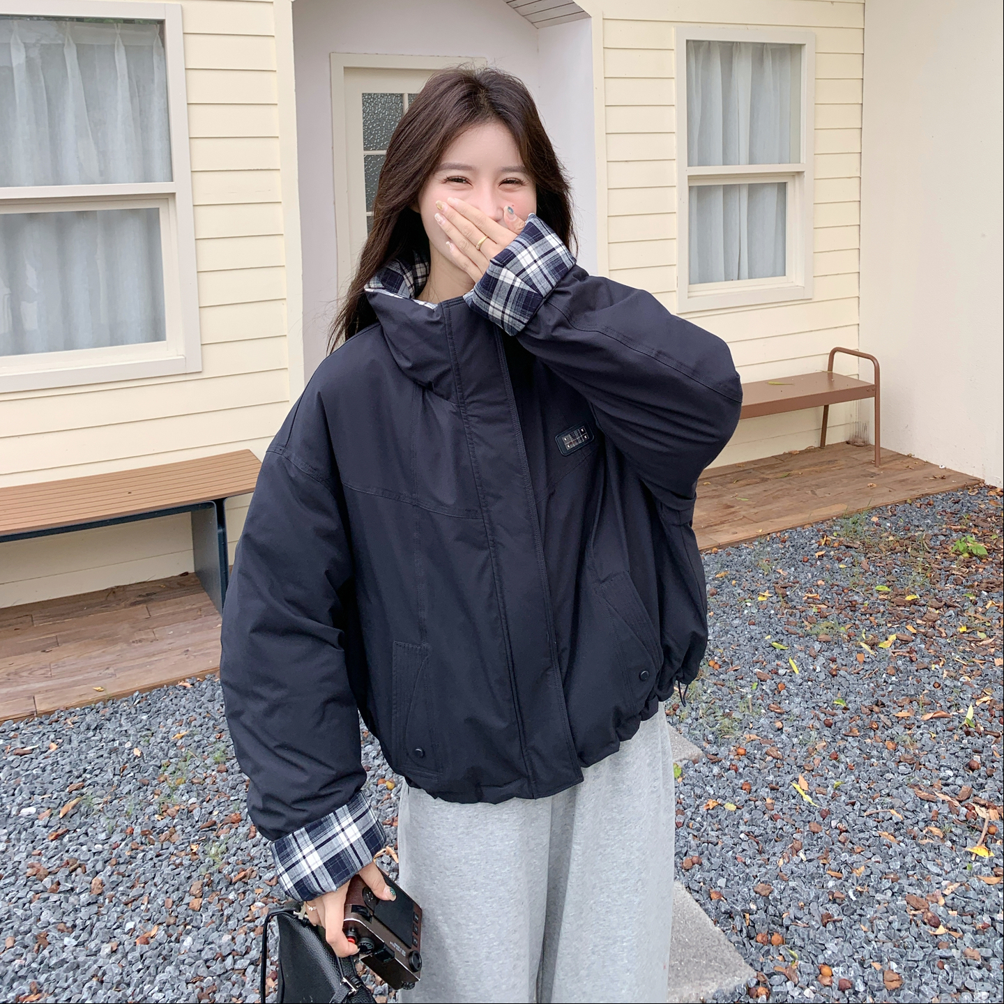 现货271-9236P335K49890绒羽绒服两面穿拼接格子，女装羽绒服，浙宝271