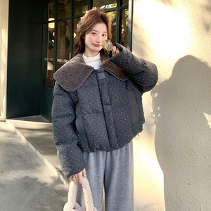 羊羔毛娃娃领波点羽绒服外套女新款韩系小个子短款90白鸭绒面包服图片