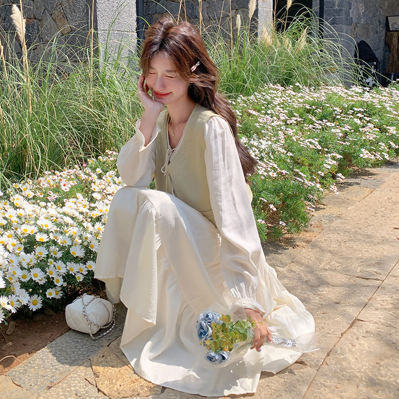 温柔风白色连衣裙马甲两件套女2025春秋季新款甜美显瘦长裙子套装,女装连衣裙,浙宝271