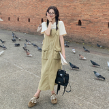 独特漂亮学院风卡其色背带连衣裙女夏新款超好看工装风连身长裙子，女装连衣裙，浙宝271