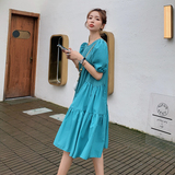 法式高级感气质减龄T恤长裙女2025夏季新款蓝色小心机露背连衣裙，女装连衣裙，浙宝271