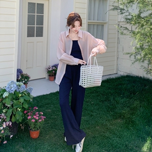 藏蓝色淡人穿搭套装女2025夏季新款复古简约吊带阔腿裤衬衫三件套图片