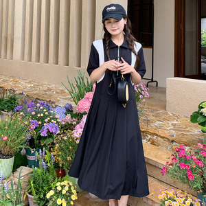 现货【POLO衫裙】黑白撞色休闲宽松百褶长裙271-6065-P115 控168图片